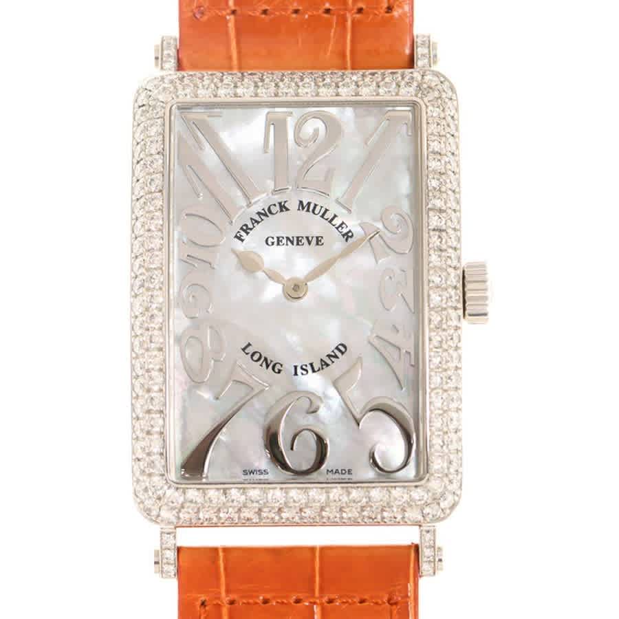 Shop Franck Muller Long Island Quartz Diamond Ladies Watch 1002qzrelmopd(og)-orgstrap In Gold / Gold Tone / Mother Of Pearl / Orange / White
