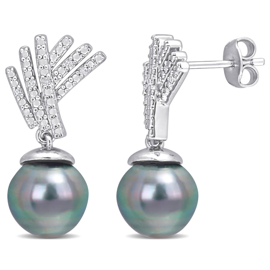 Amour 9.5-10mm Black Tahitian Cultured Pearl And Diamond Accent Drop Earrings In Sterling Silver In White