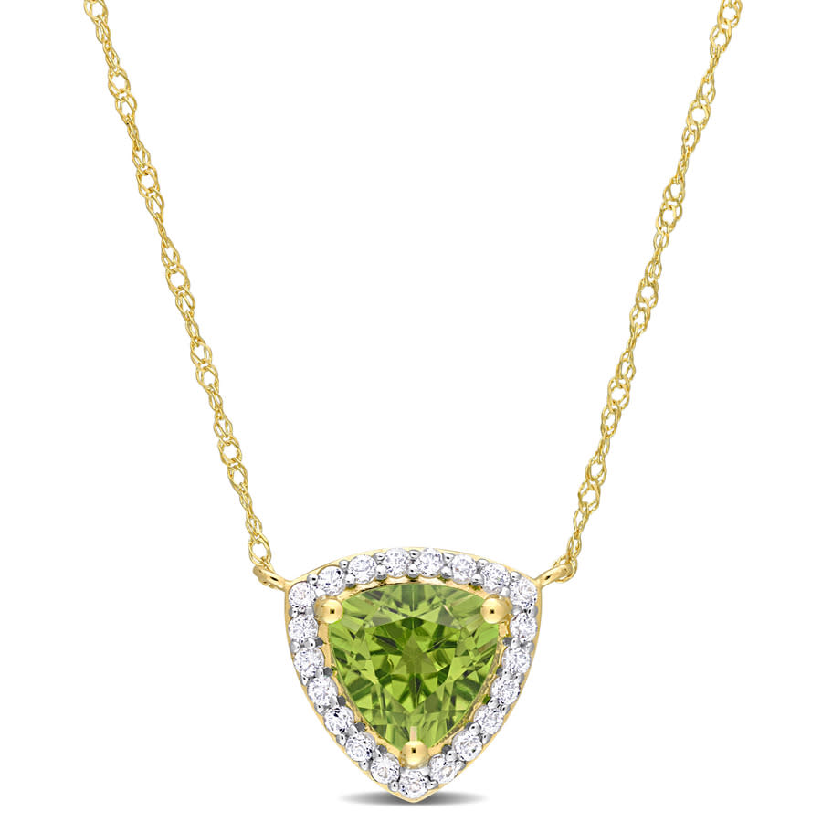 Amour 1 1/2 Ct Tgw White Topaz And Peridot Halo Triangle Necklace In 14k Yellow Gold