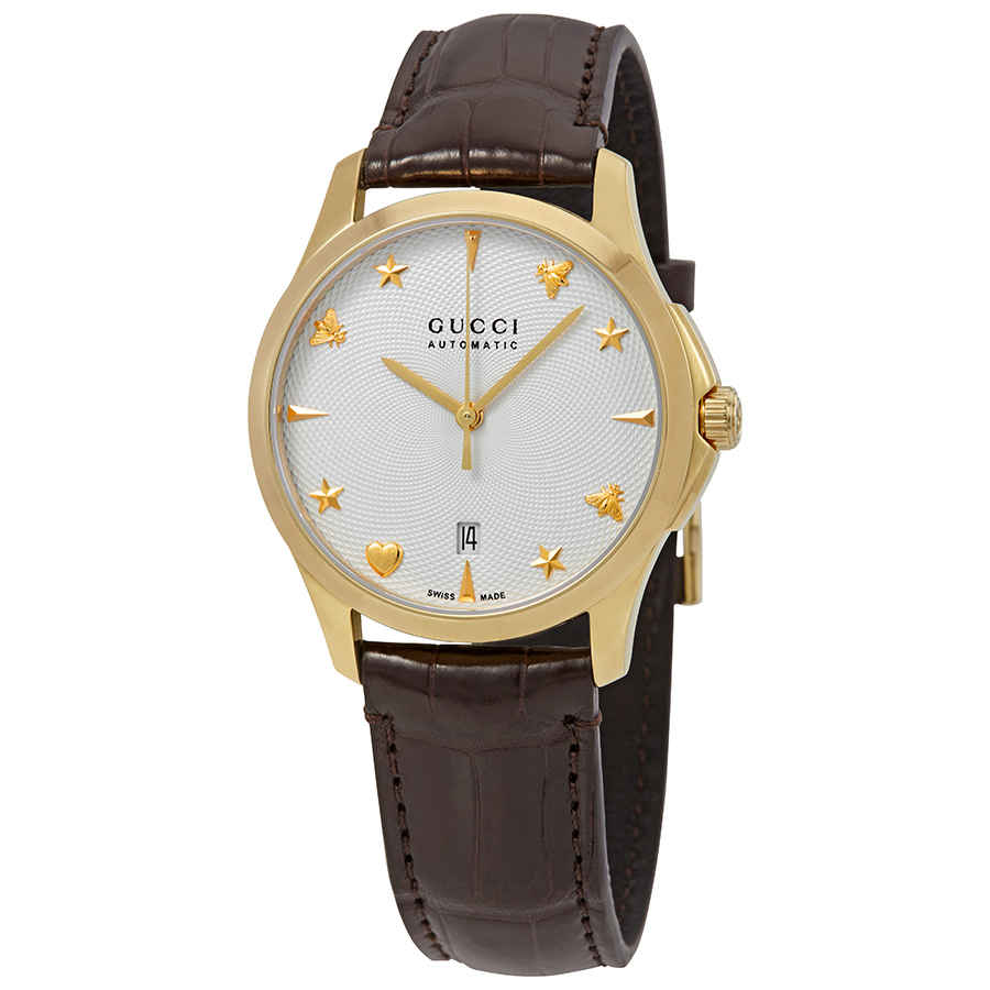 Gucci G-timeless Automatic Silver Dial Watch Ya126470 In Brown,gold Tone,silver Tone