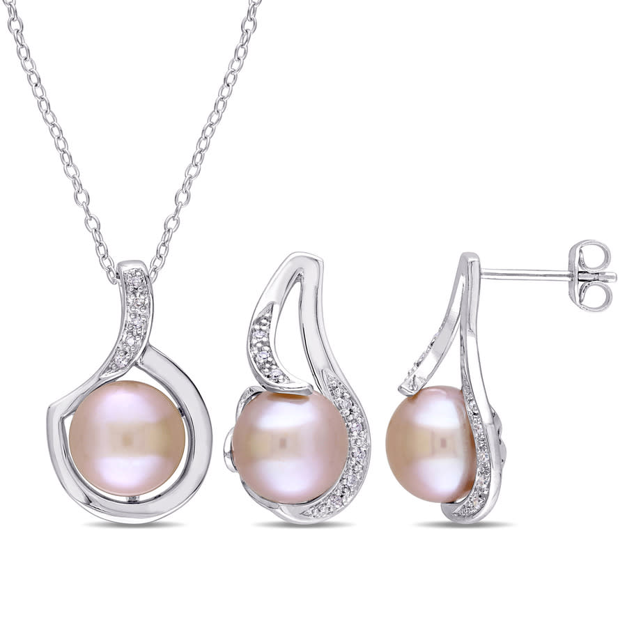 AMOUR 2-piece Set Of 9 - 9.5 Mm Pink Cultured Freshwater Pearl and 1/10 CT TW Diamond Halo Earrings and Pendant with Chain In Sterling Silver