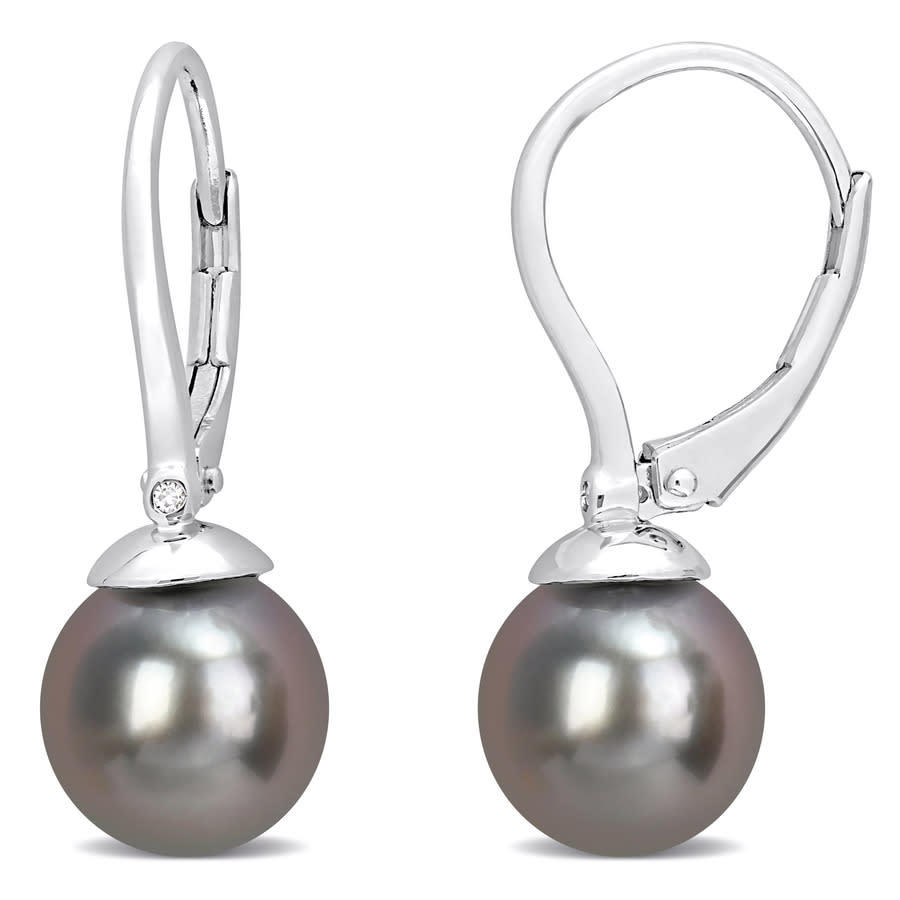 Amour 8-8.5mm Black Tahitian Cultured Pearl & Diamond Accent Leverback Earrings In Sterling Silver In White