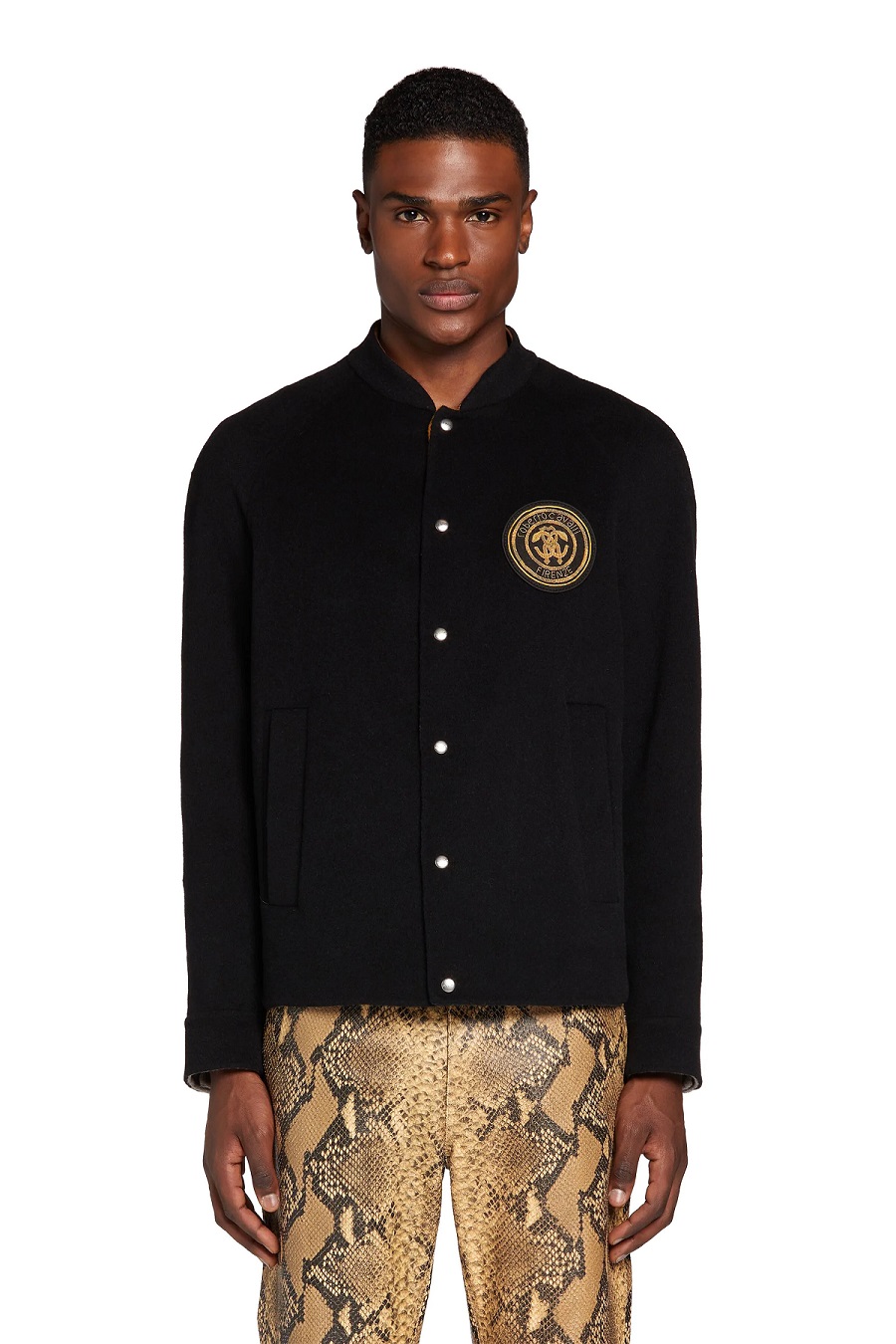 Roberto Cavalli Black Nappa Lucky Symbol Embroidered Bomber Jacket, Brand Size 46 (US Size 36) in Black