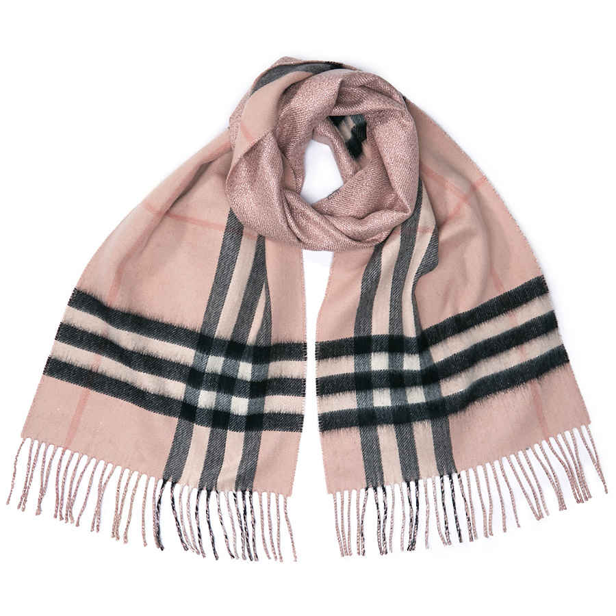 Click to view more detailed imagery on our partner's website Burberry Reversible Metallic Check Cashmere Scarf In Ash Rose In Pink,silver Tone
