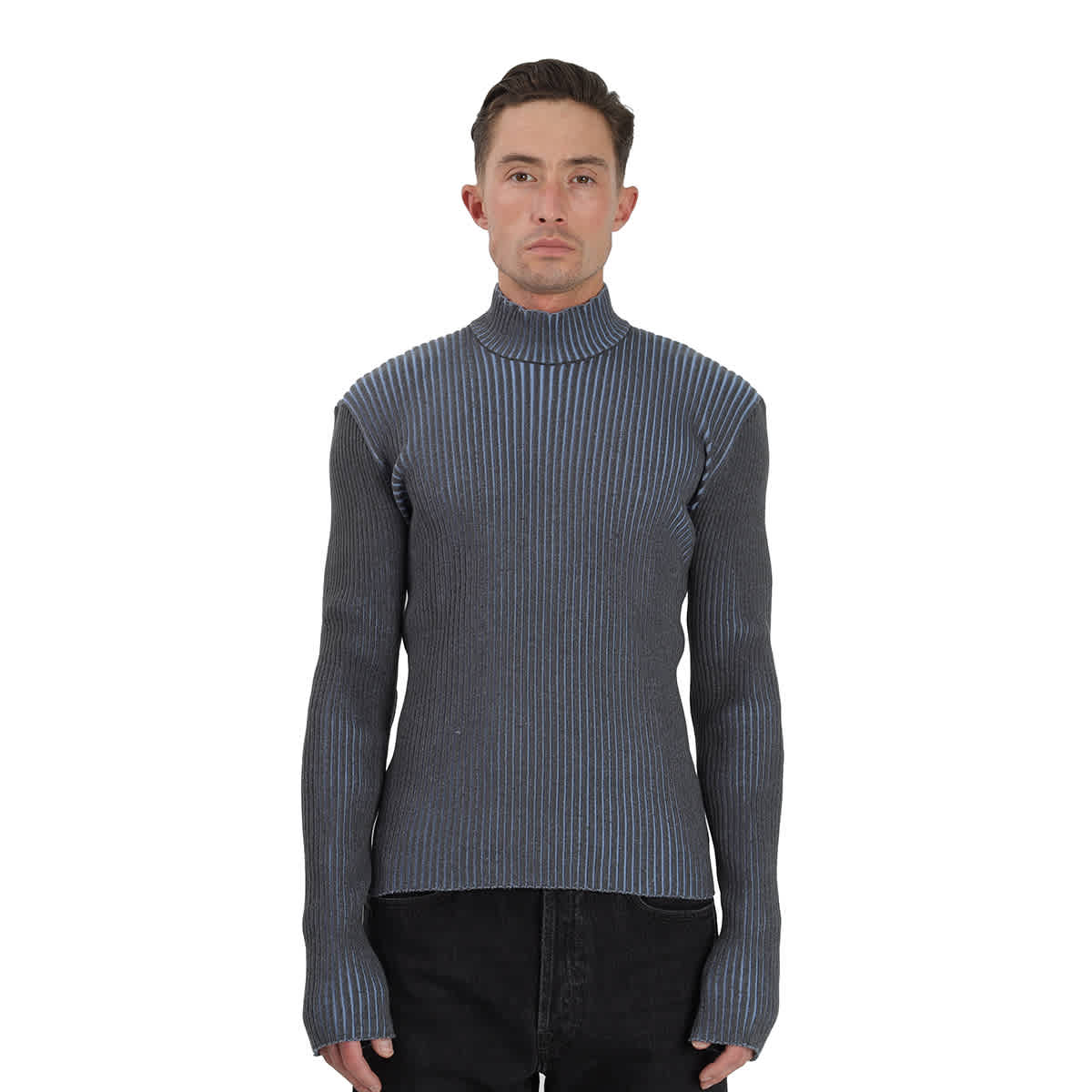 Mens Funnel Neck Merino Wool Sweater In Grey/blue Cotton