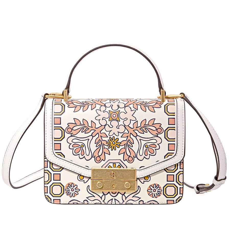 Tory Burch Juliette Floral Print Leather Satchel- Hicks Garden In Gold Tone,white