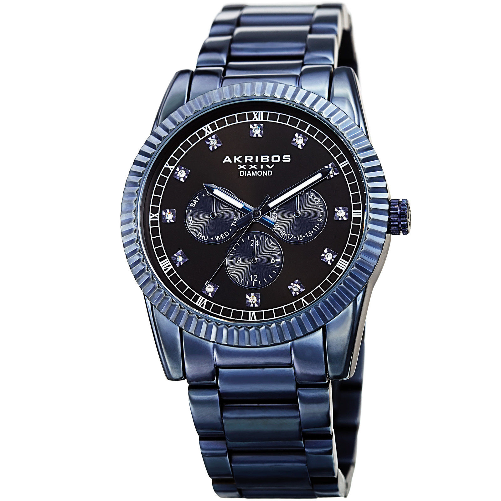 Akribos Xxiv Diamond Black Dial Blue Ion-plated Mens Watch Ak958bu In Black,blue