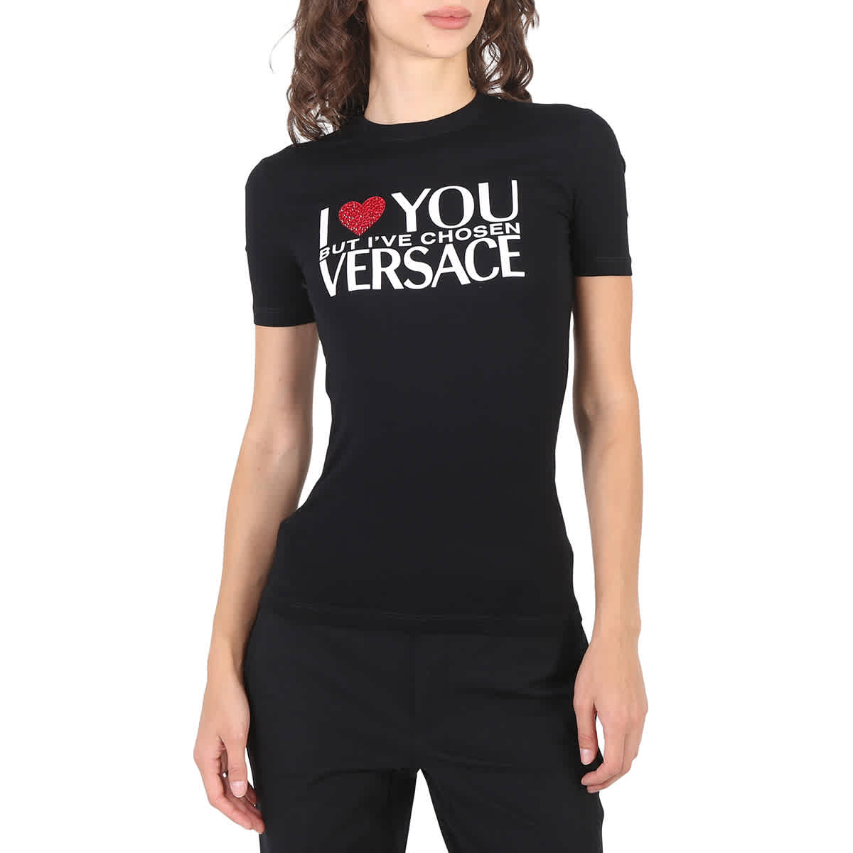Shop Versace Ladies Black Slogan Print T-shirt