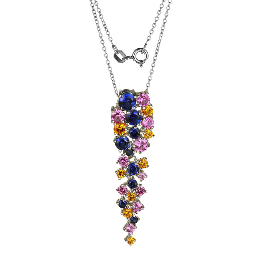 925 Couture Sterling Silver Created Pink Yellow And Blue Sapphire Cluster Pendant Necklace In Blue,pink,silver Tone,yellow