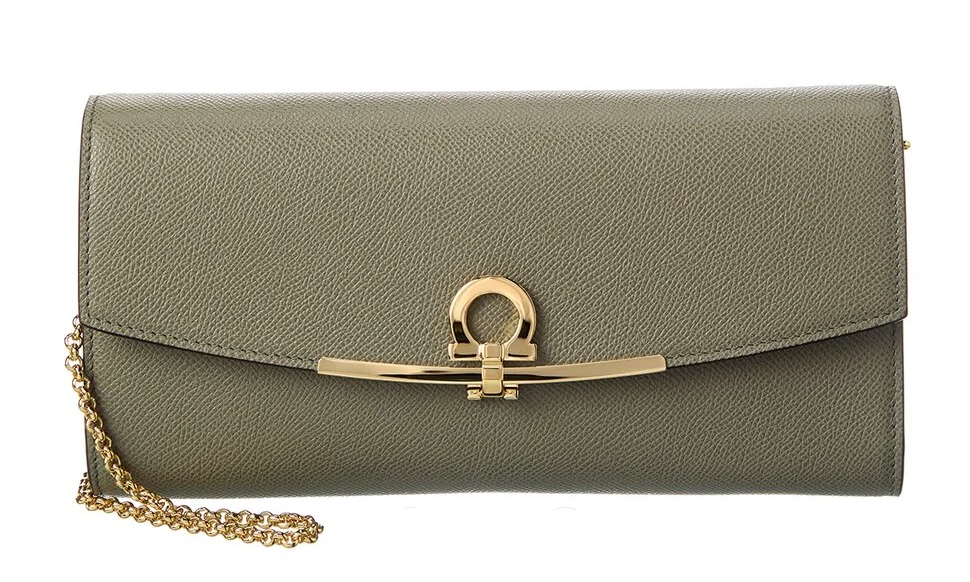 Ferragamo Ferragamo Gancini Leather Card Case On Chain in Green