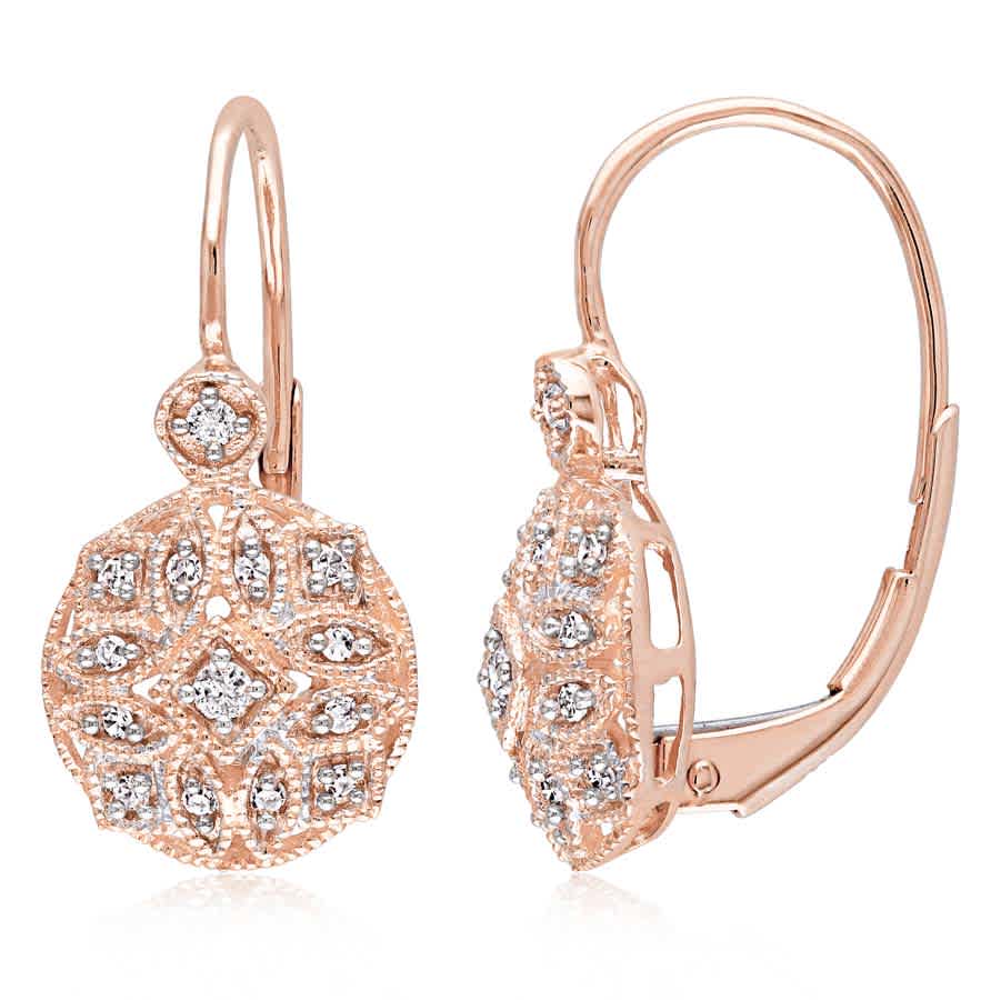 Amour 1/8 Ct Tw Diamond Vintage Leverback Earrings In 14k Rose Gold In Pink