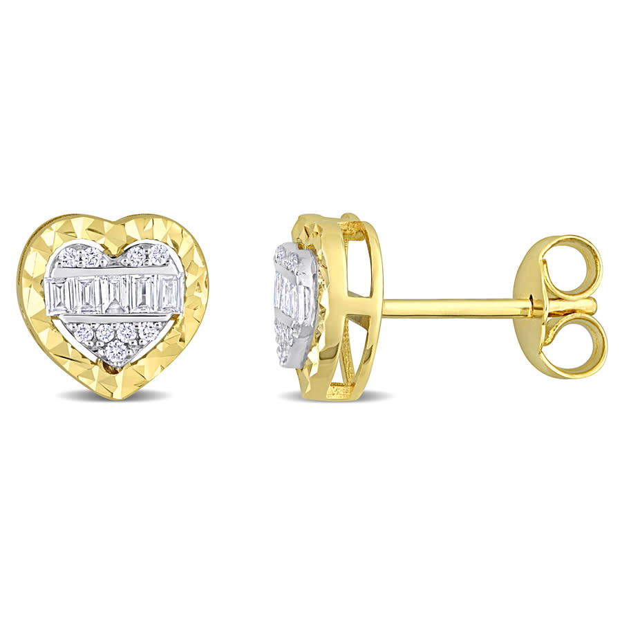 Amour 1/4ct Tdw Parallel Baguette And Round-shaped Diamonds Heart Halo Stud Earrings In 14k 2-tone W In White