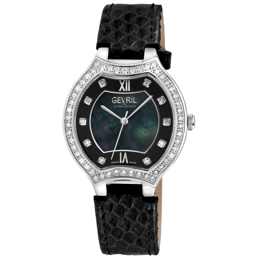 Gevril Lugano Diamond Mother Of Pearl Dial Ladies Watch 11247 In Black / Mop / Mother Of Pearl