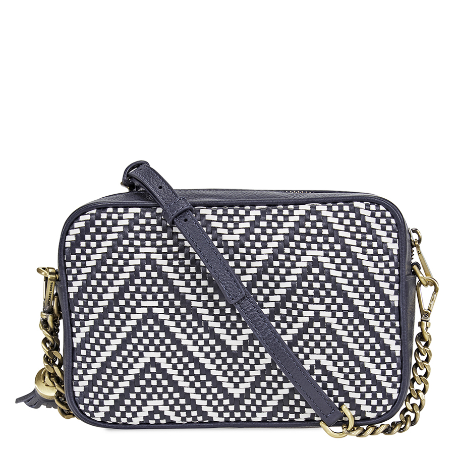 Shop Michael Kors Ginny Medium Woven Leather Crossbody- Admiral/opwt In Blue-white