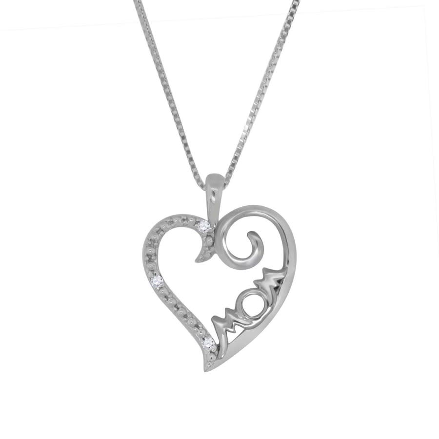 MAULIJEWELS 0.025 CARAT NATURAL DIAMOND MOM HEART PENDANT FOR WOMAN CRAFTED IN 10K WHITE GOLD WITH 18'' STERLING