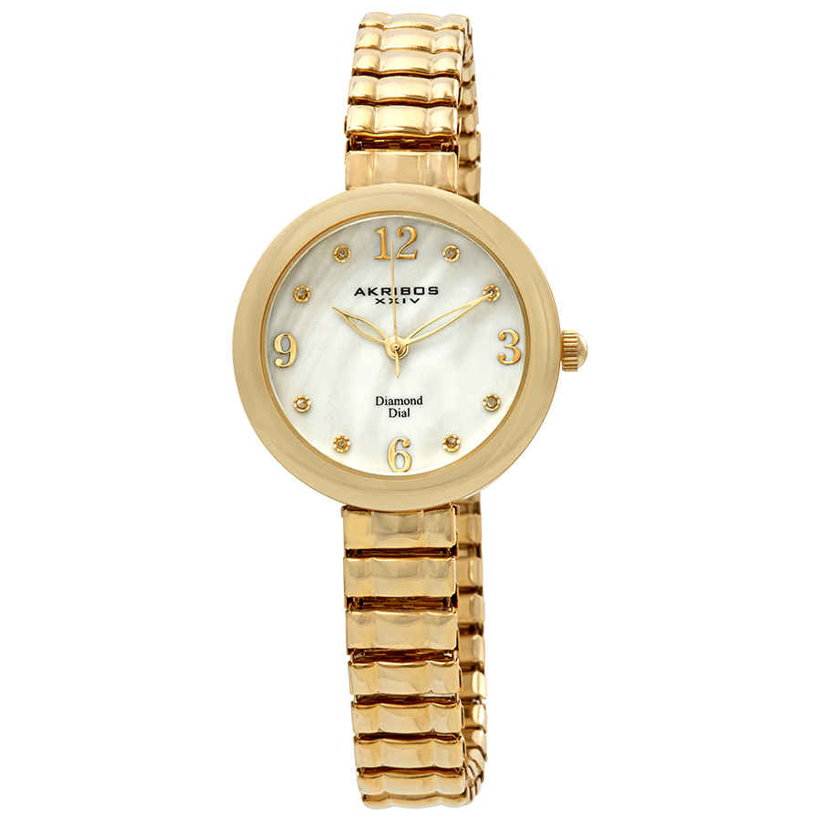 Akribos Xxiv Mother Of Pearl Dial Yellow Gold-tone Ladies Watch Ak765yg In Gold / Gold Tone / Mop / Mother Of Pearl / Skeleton / Yellow