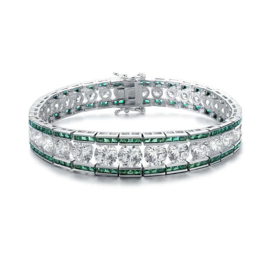 Megan Walford Classy Sterling Silver Princess Emerald And Round Clear Cubic Zirconia Tennis Bracelet In Two-tone