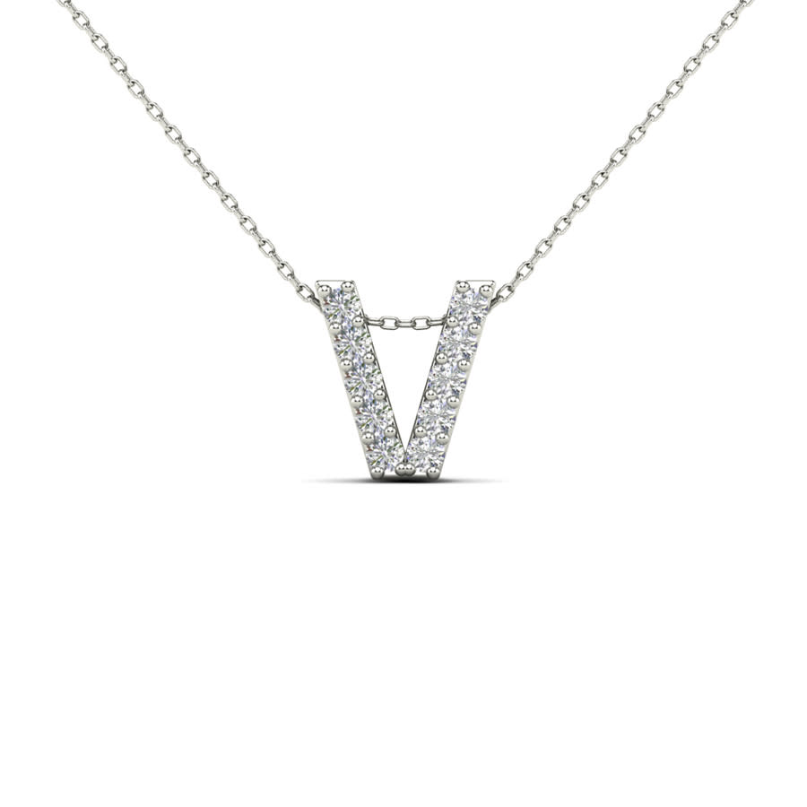 Maulijewels 0.10 Carat Natural Diamond Initial '' V '' Pendant Necklace In 14k White Gold With 18'' Cable Chain In Gold Tone,white