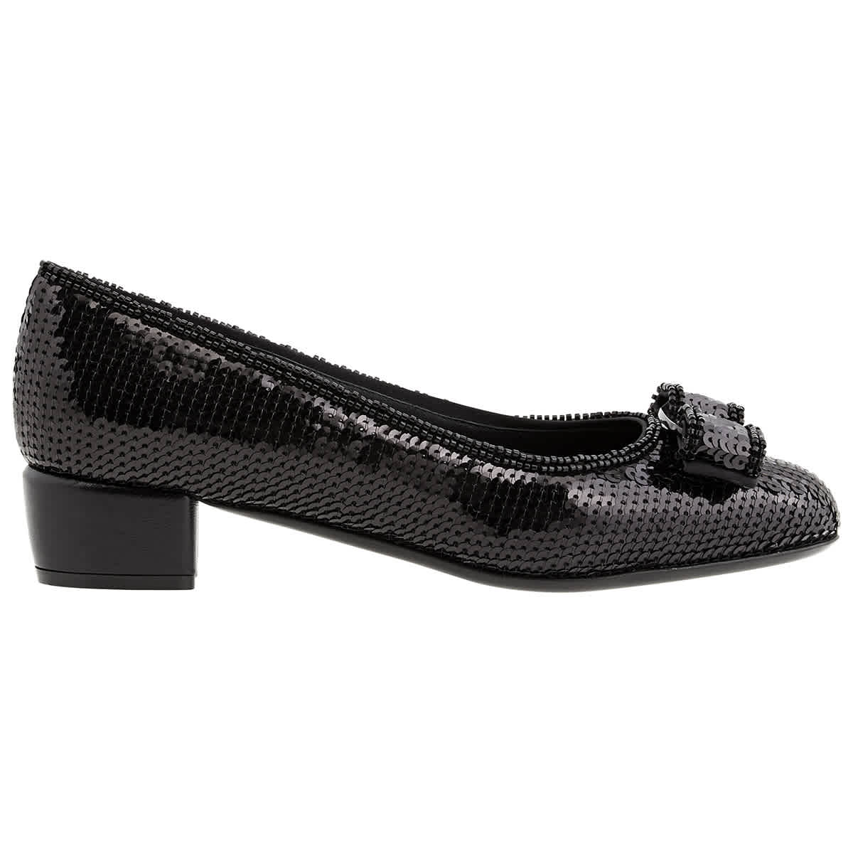 Ferragamo Ladies Vara Bow Black Sequin Pumps, Brand Size 7 D