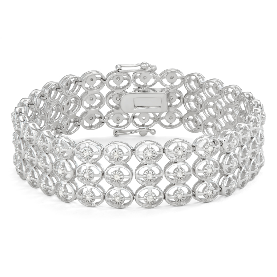 Hetal Diamonds Sterling Silver Three Row Diamond Bracelet (1 Cttw) In Silver Tone,white