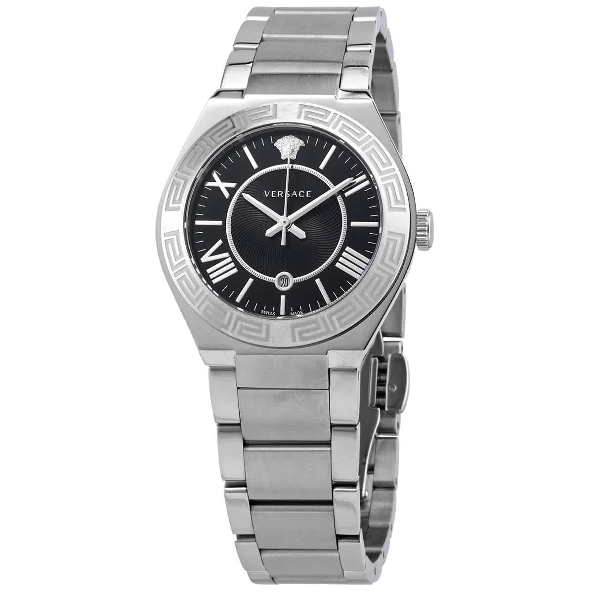 Versace Landmark Quartz Black Dial Ladies Watch Veax00218 In Black,silver Tone