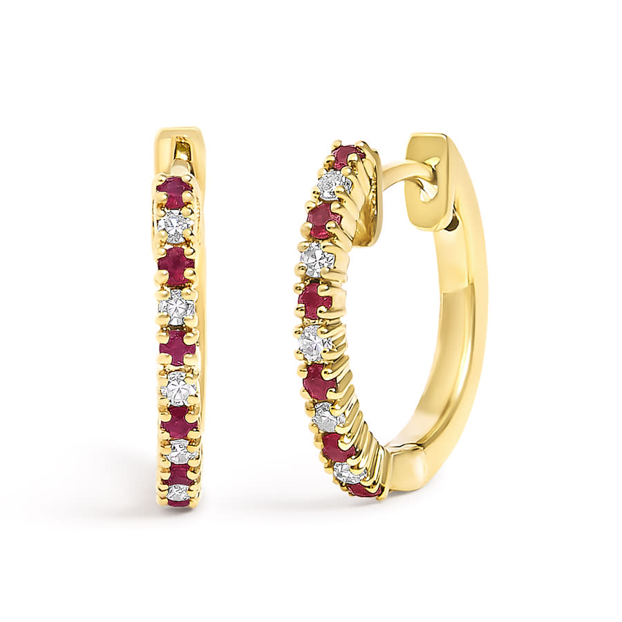 Haus of Brilliance 10K Yellow Gold Alternating Diamond and Red Ruby Huggy Hoop Earrings (I-J Color, I1-I2 Clarity)