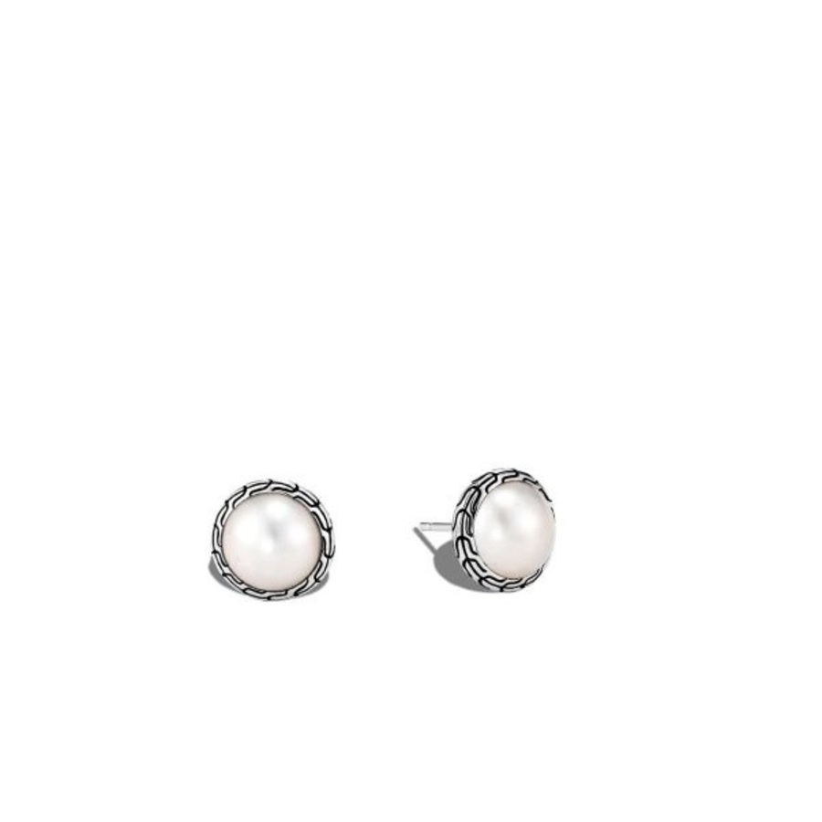 John Hardy Classic Chain Silver Stud Earring With 10mm Pearl - Eb90664 In Silver-tone