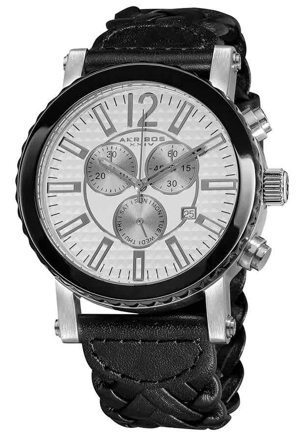 Akribos Xxiv Akribos Chronograph Black Leather Mens Watch Ak571bk In Black,silver Tone,white