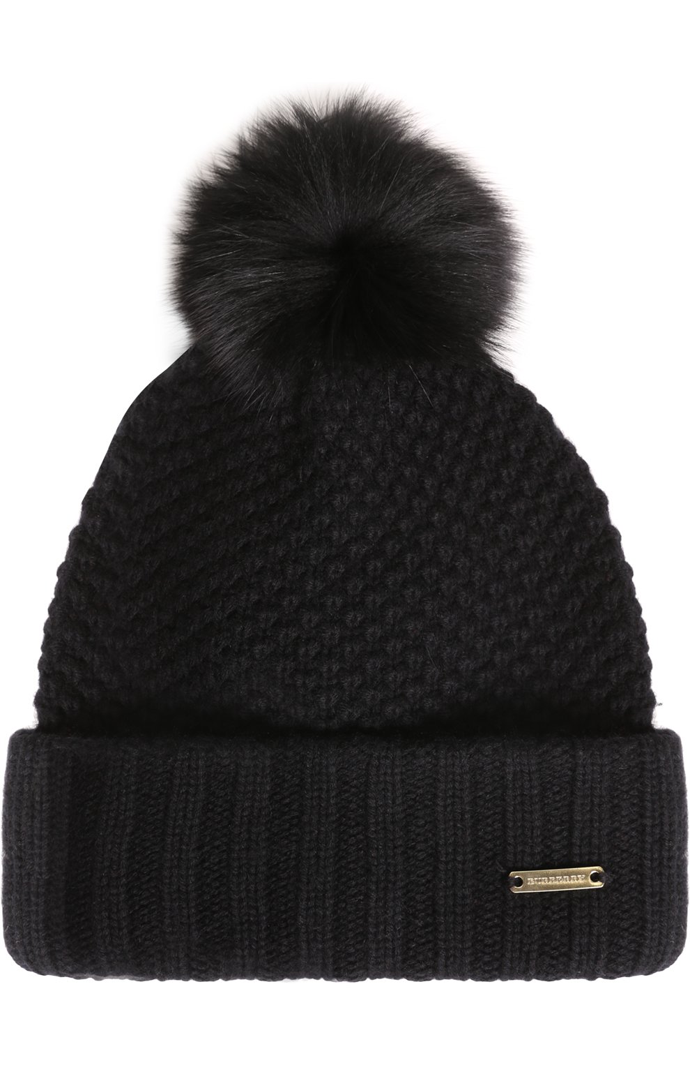 Burberry Fox Fur Pompom Black Beanie