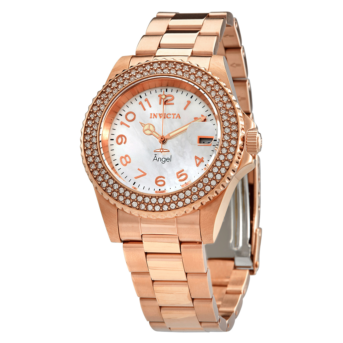 Invicta Angel Crystal White Mother Of Pearl Dial Ladies Watch 28674 In Gold Tone / Mother Of Pearl / Rose / Rose Gold Tone / White