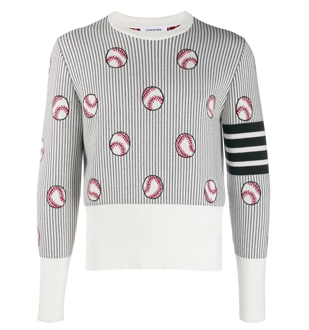 Thom Browne Seersucker Stripe Baseball Jacquard Icon 4-bar Sweater In Blue,brown