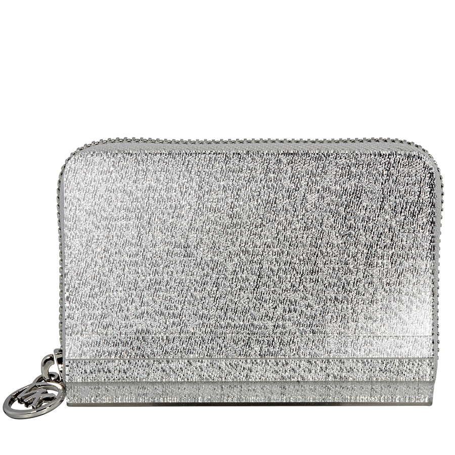 Michael Kors Barbara Zip Around Metallic Coin Case- Silver In Silver