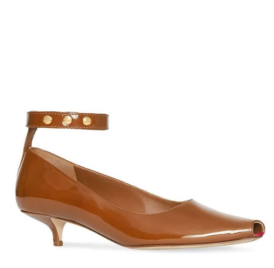Burberry Peep-toe Kitten Heel Patent Leather Pumps In Tan | ModeSens