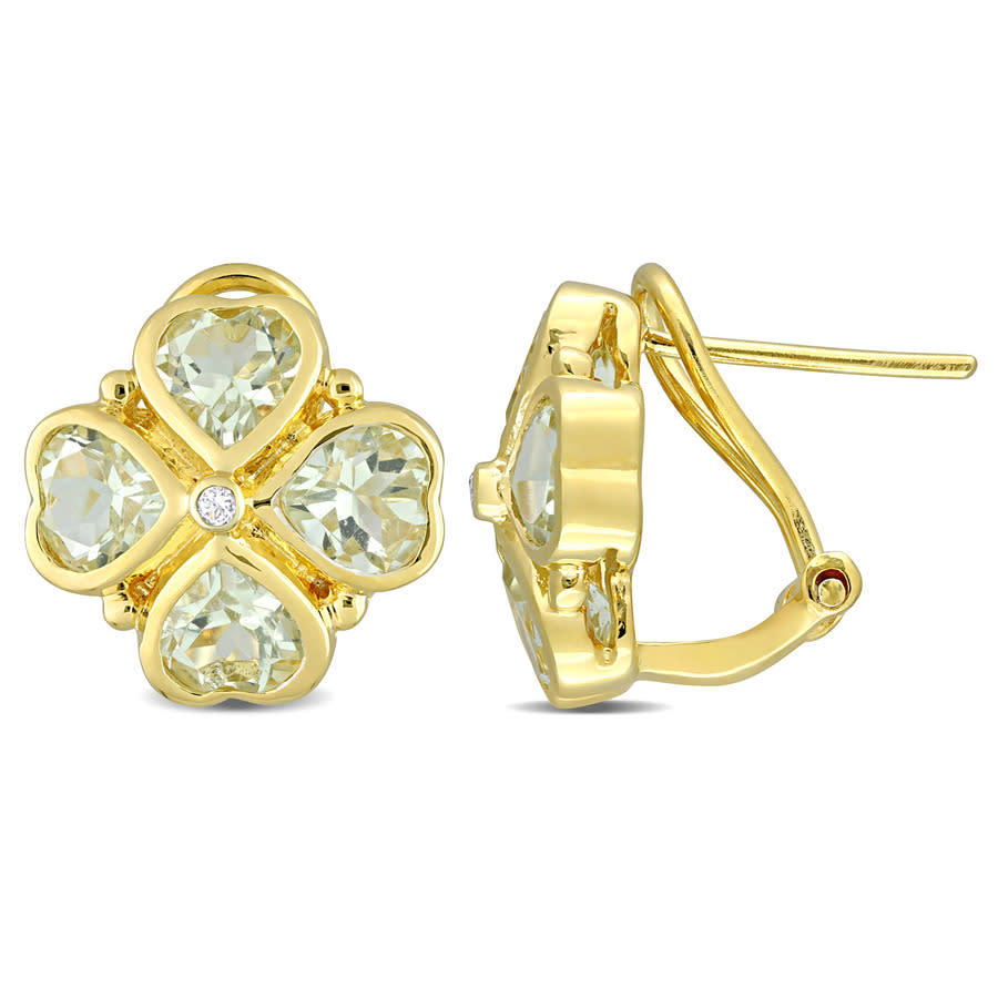 Amour 3 1/4 Ct Tgw Green Quartz Floral Clipback Earrings In Yellow Plated Sterling Silver In Yellow