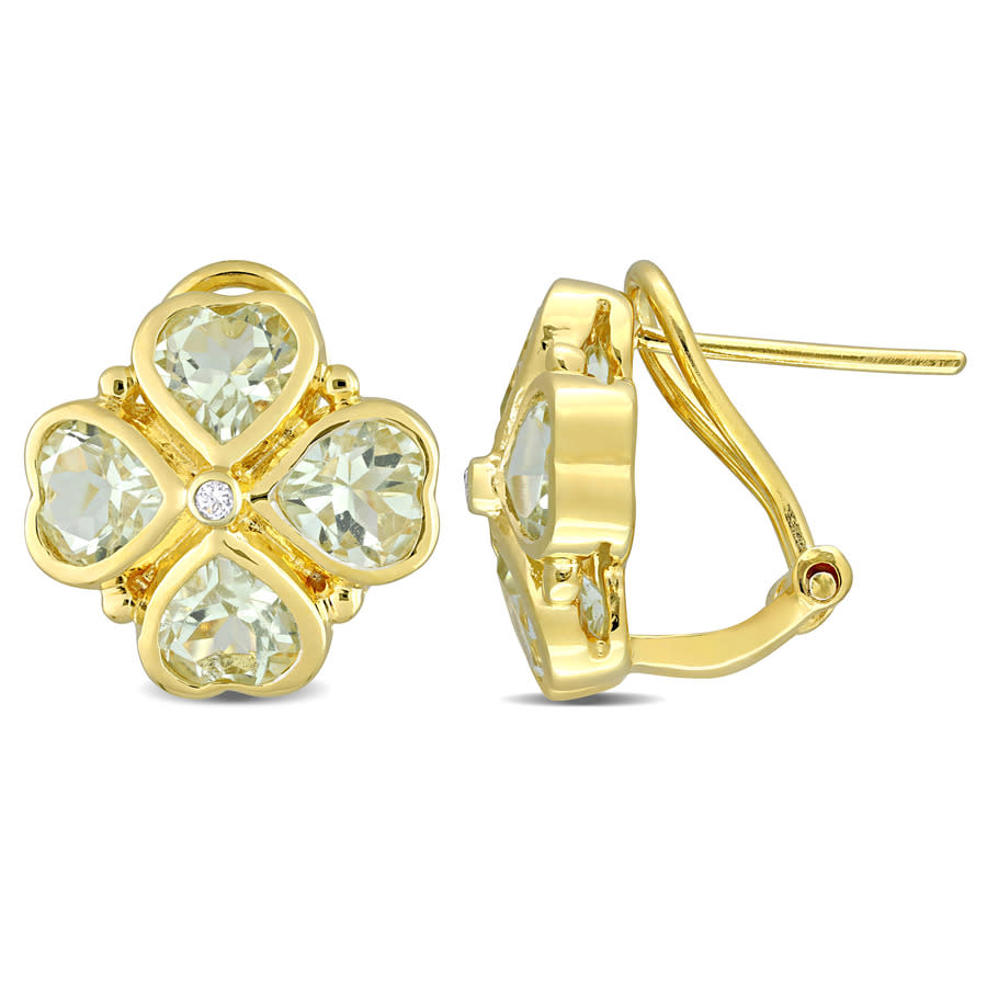 Amour 3 1/4 Ct Tgw Green Quartz Floral Clipback Earrings In Yellow Plated Sterling Silver