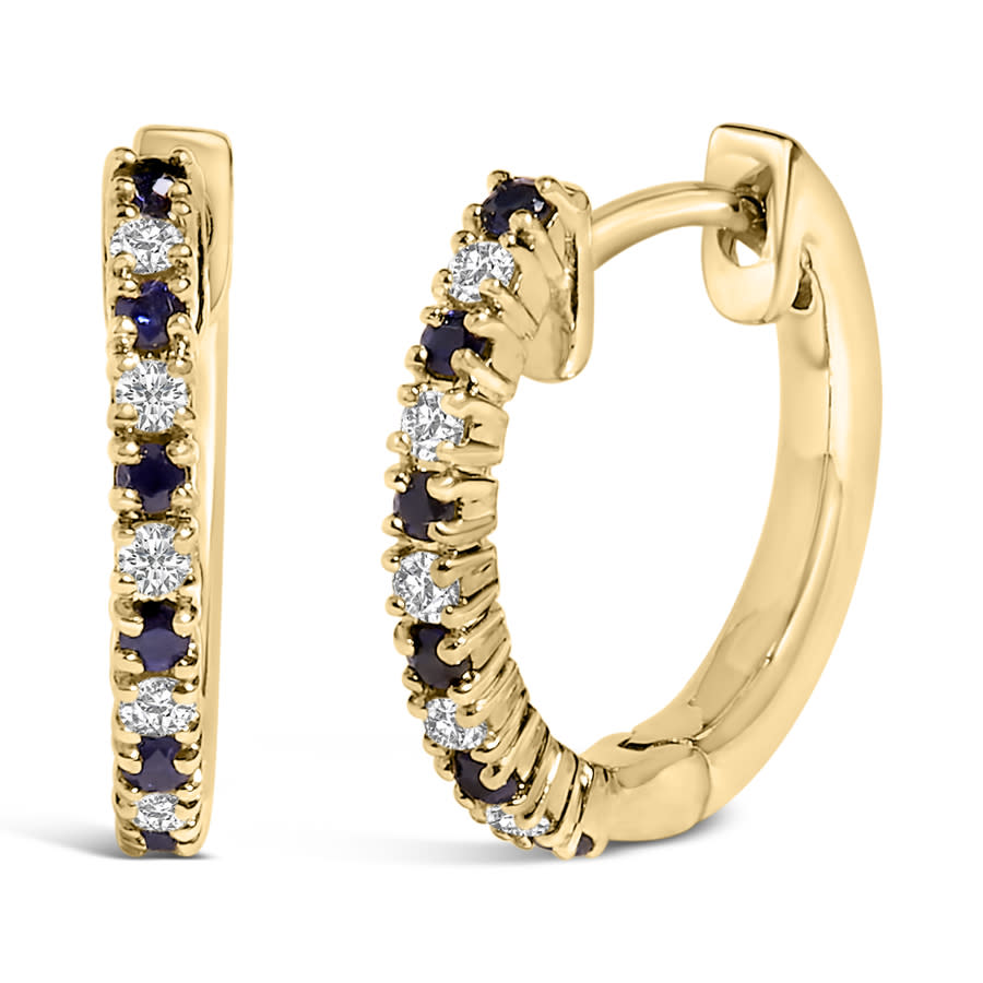 Haus of Brilliance 10K Yellow Alternating Blue Sapphire 1/10 Ct Diamond Huggy Hoop Earrings (I-J Color, I1-I2 Clarity)
