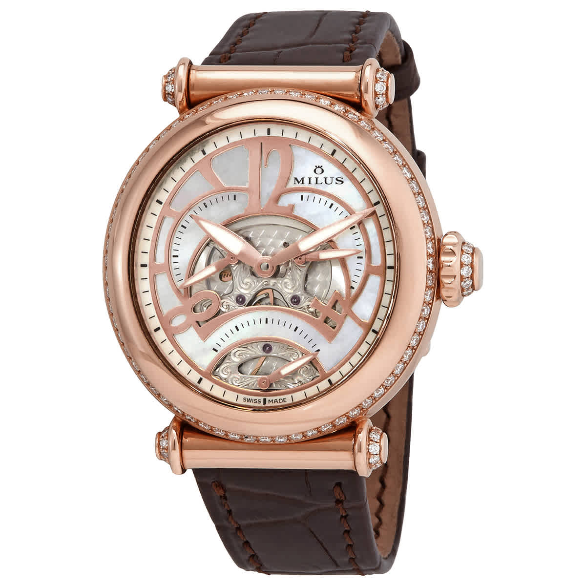 Milus Merea Tri-retrograde Automatic Diamond Ladies 18kt Rose Gold Watch Mer403 In Brown,gold Tone,mother Of Pearl,pink,rose Gold Tone