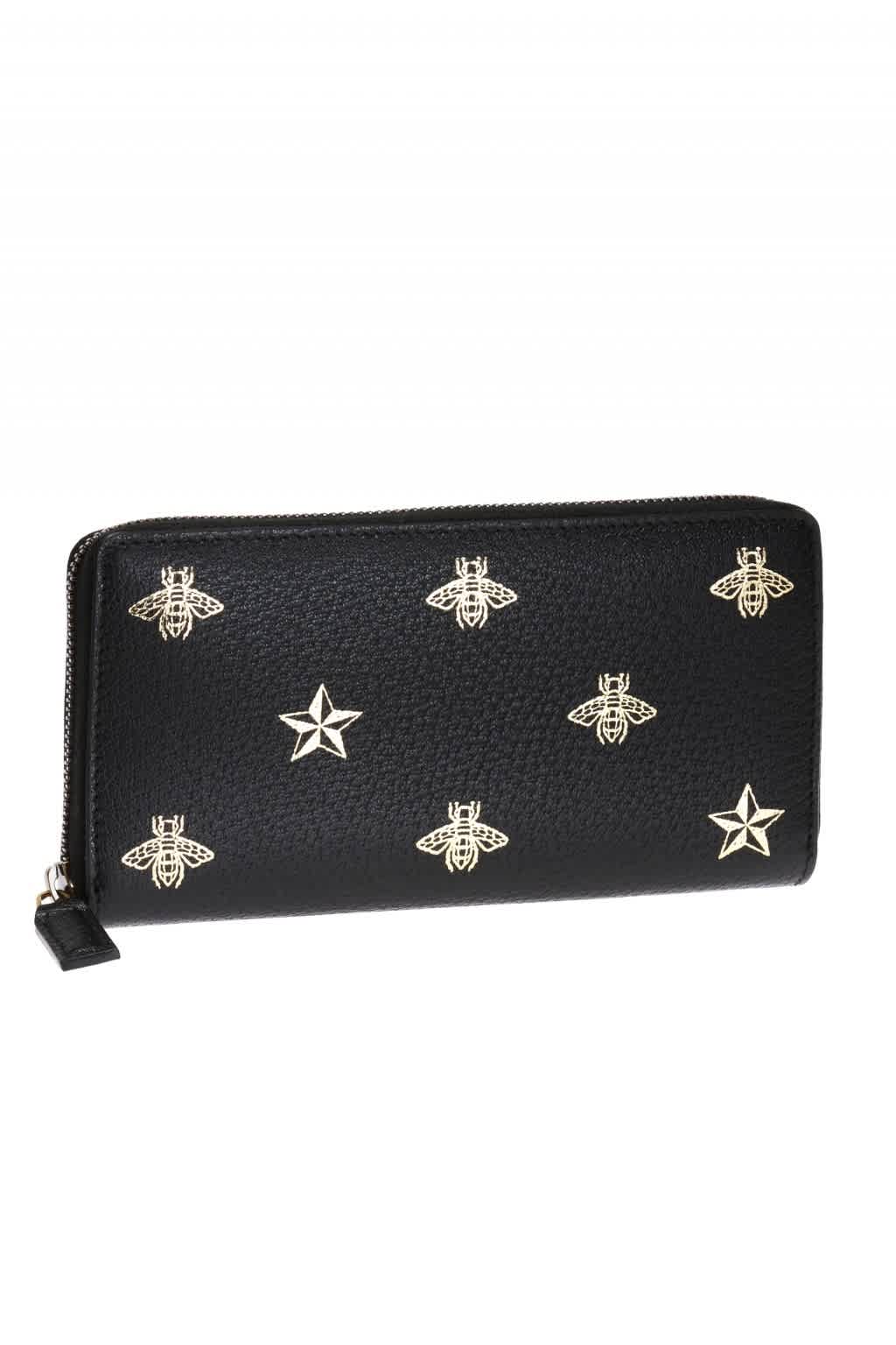 Gucci Black Bee Star Leather Zip Around Wallet In Black,gold Tone