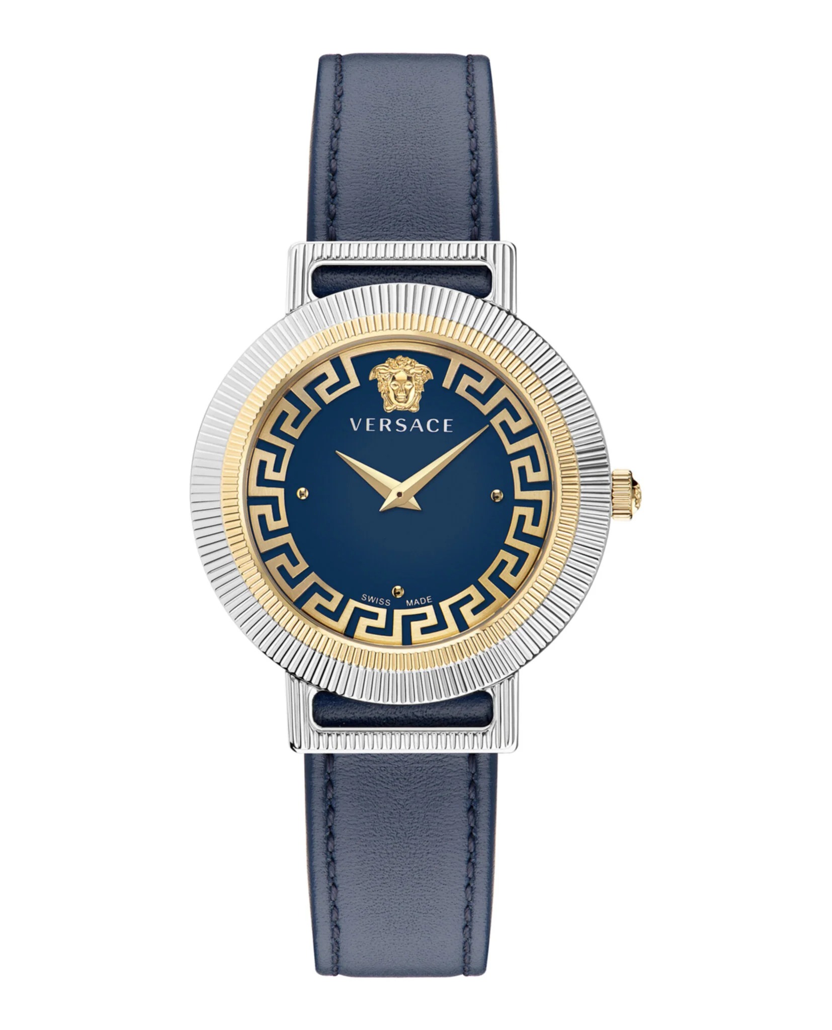 Versace Greca Chic Leather Watch In Blue / Gold Tone