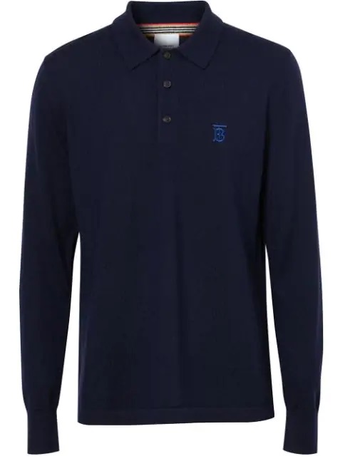 Burberry Mens Blue Long-sleeve Monogram Motif Merino Wool Polo Shirt