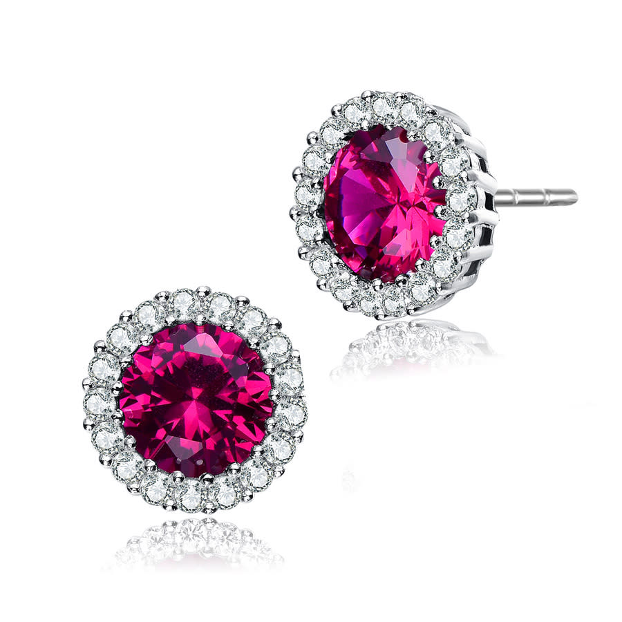 Megan Walford Cubic Zirconia Sterling Silver Round Stud Earrings In Red