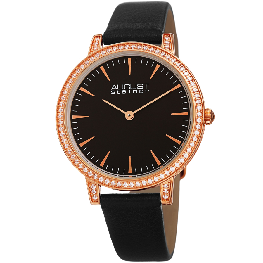 August Steiner Quartz Crystal Black Dial Ladies Watch As8274bkr In Black / Gold Tone / Rose / Rose Gold Tone