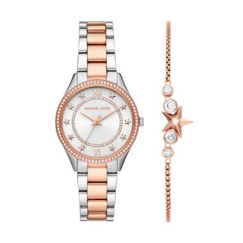 Michael Kors Lauryn Quartz Crystal Ladies Watch And Bracelet Set Mk4489 In Gold Tone,pink,rose Gold Tone,silver Tone,two Tone,white