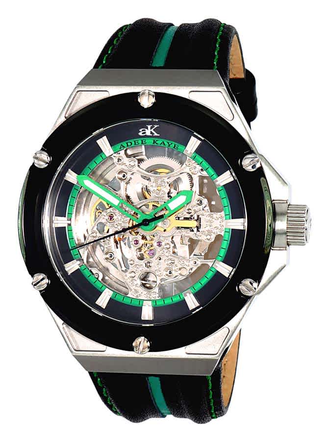 Adee Kaye Ak2240 Automatic Green Dial Black Leather Mens Watch Akj2240-0mgn In Black,green