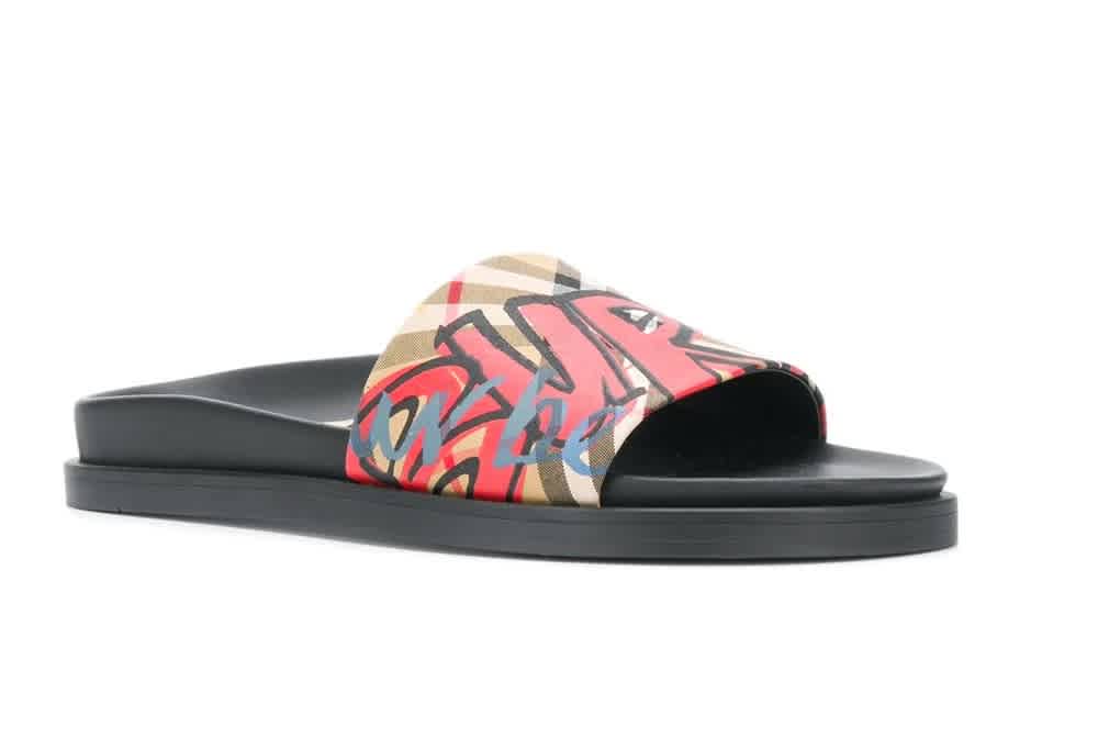 BURBERRY S GRAFFITI PRINT VINTAGE CHECK AND LEATHER SLIDES