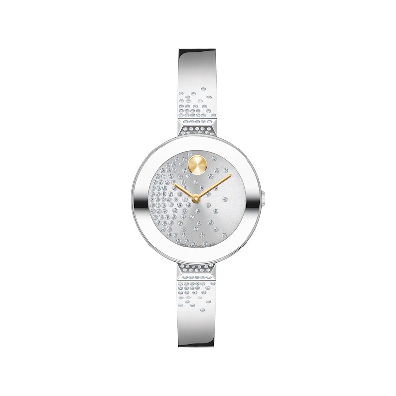 Movado Women's Bold Bangles Swiss Quartz Silver-tone Stainless Steel With Crystal Bangle Watch 28mm In Gold Tone / Silver