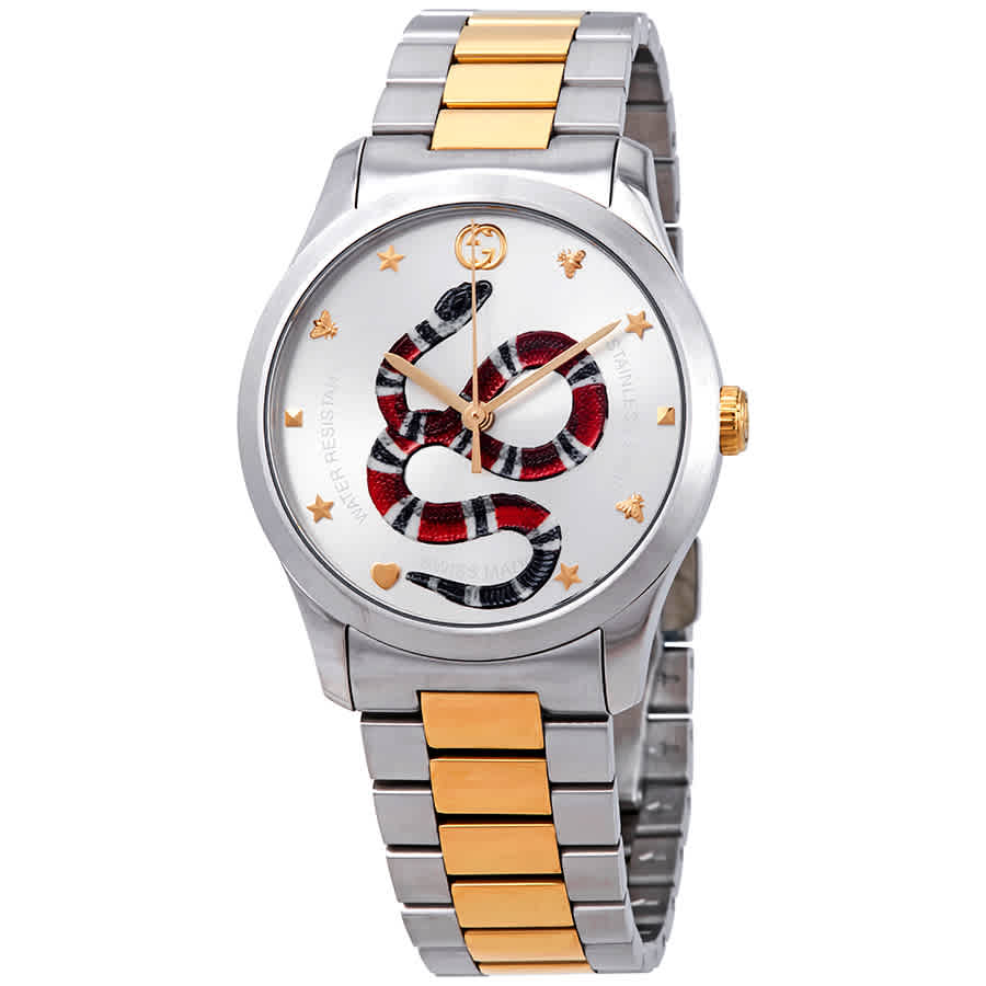 Shop Gucci G-timeless Silver With Snake Motiif Dial Watch Ya1264075 In Two Tone  / Gold / Gold Tone / Silver / Yellow