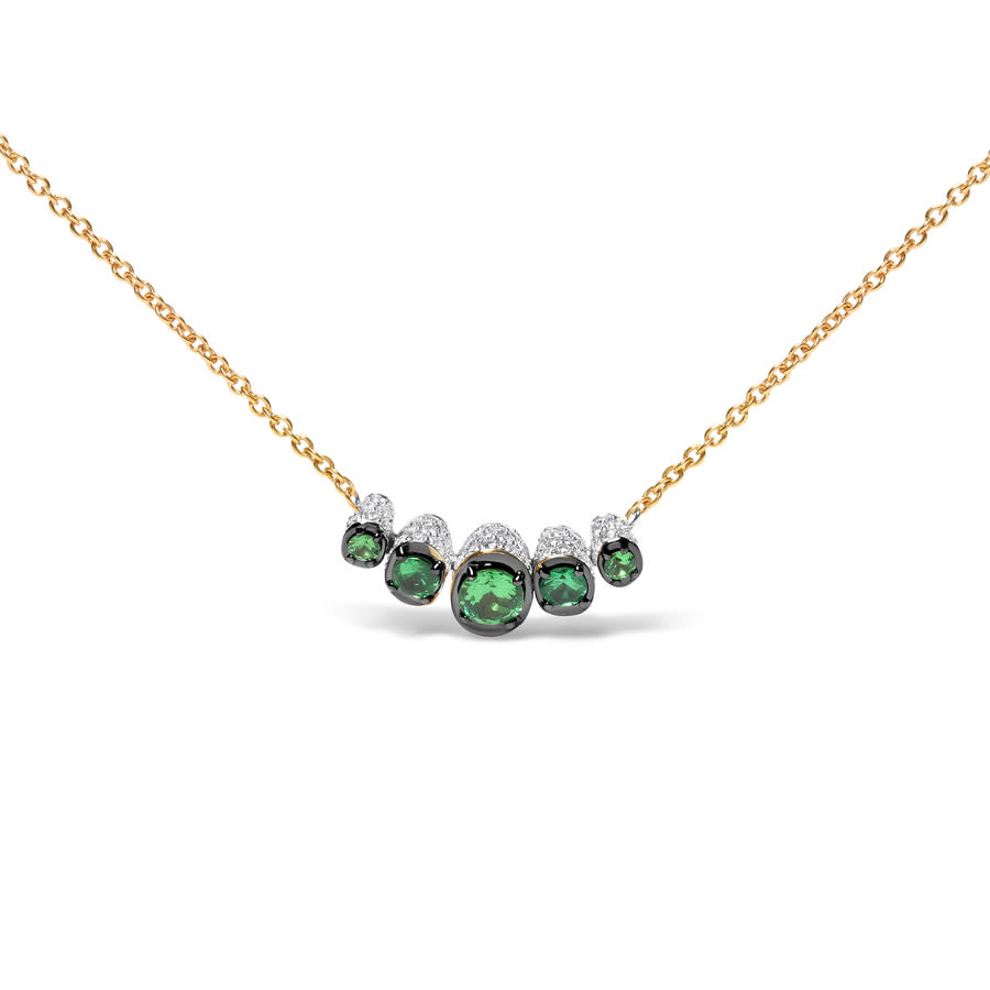 HAUS OF BRILLIANCE 18K ROSE GOLD 3/4 CTTW PAVE DIAMONDS AND GRADUATED GREEN TSAVORITE GEMSTONE CURVED BAR CHOKER NECKLA