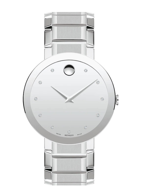 Movado Sapphire Silver Mirror Diamond Dial Mens Watch 0607587