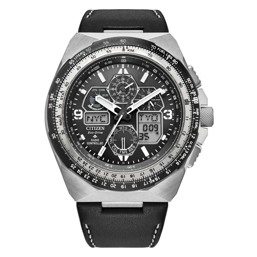 Citizen Eco-drive Men's Chronograph Promaster Skyhawk Black Leather Strap Watch 46mm